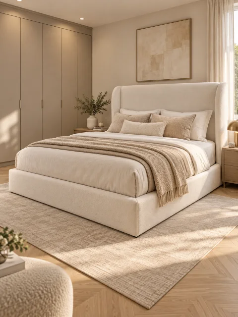 An upholstered bed frame with a winged headboard, made up in a bedroom
