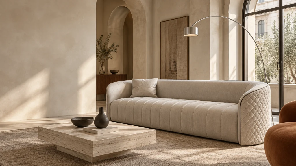 A sculptural cream fabric sofa in a bright architectural interior, styled as an editorial concept scene