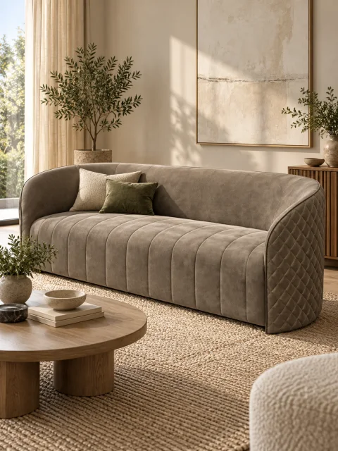 A channel-tufted sofa in a sunlit living room