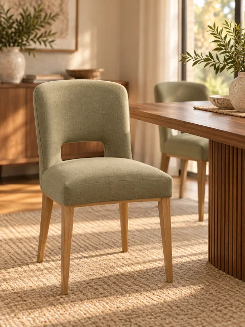An olive upholstered dining chair with a cut-out back, at a walnut table