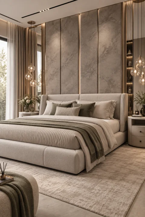 An upholstered bed with a tall headboard against an upholstered panelled wall