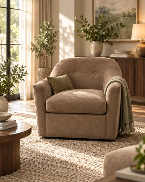 A barrel-backed armchair in a sunlit living room