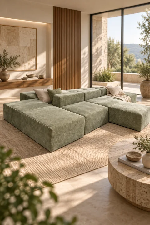 A sage green modular sofa arranged in sections in a sunlit room