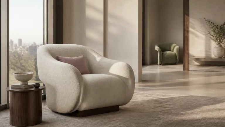 Concept interior pairing sculptural cream lounge seating with an olive accent chair