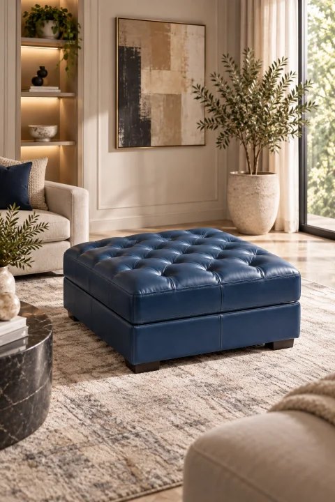 A deep-buttoned blue leather ottoman on a rug in a living room