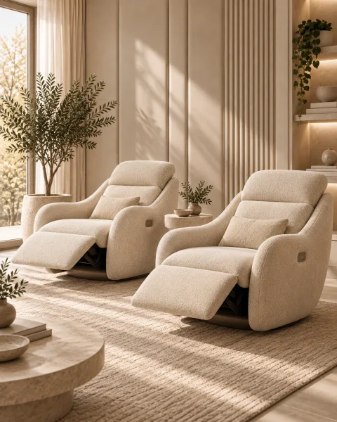 Two cream upholstered recliners with their footrests raised, in a sunlit room