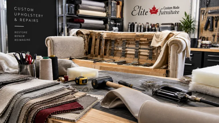 A sofa stripped back to its frame and springs on the bench in Elite's workshop, beneath their own wall sign