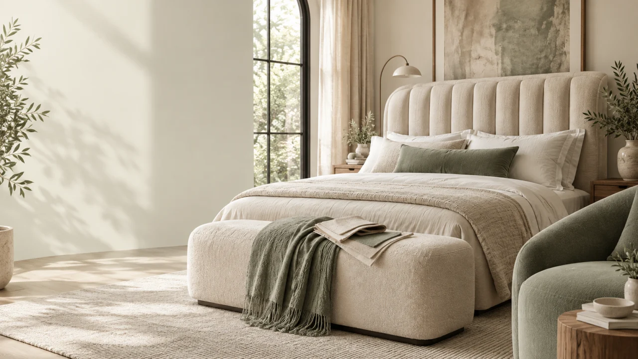 A bedroom with a channel-tufted upholstered headboard and a long upholstered bench