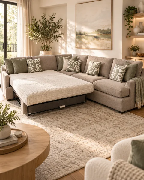 A corner sectional with its bed pulled out, made up in a living room