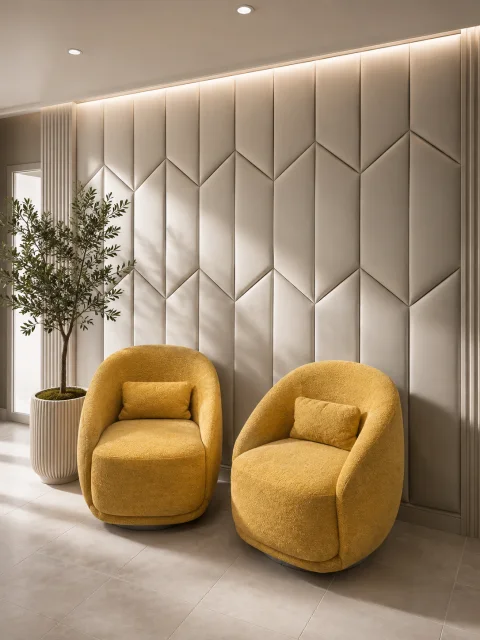A pair of ochre swivel chairs against an upholstered panelled wall