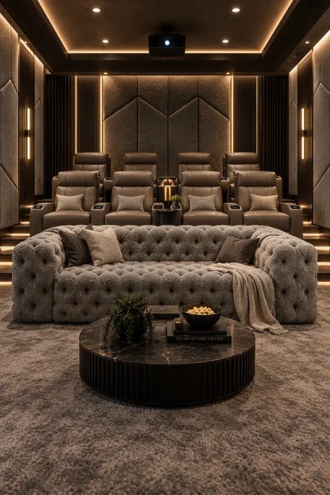 A home theatre with tiered recliner seating, a tufted front sofa and acoustic wall panelling