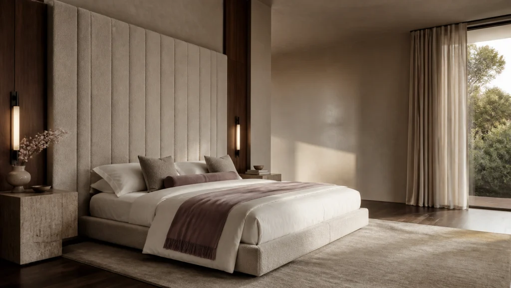 A bedroom with a tall upholstered headboard against a panelled wall