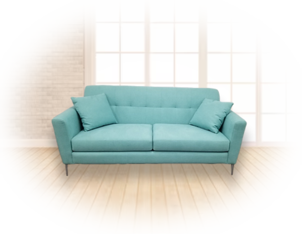 custom-made light blue sofa with two seats in front of window door