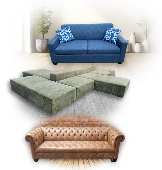 front image showing three styles of sofa with different materials. Leather, and Fabric.